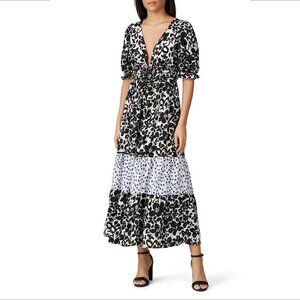 Love Whit Estilo midi shift dress polka dot floral black white blue tie X-Small